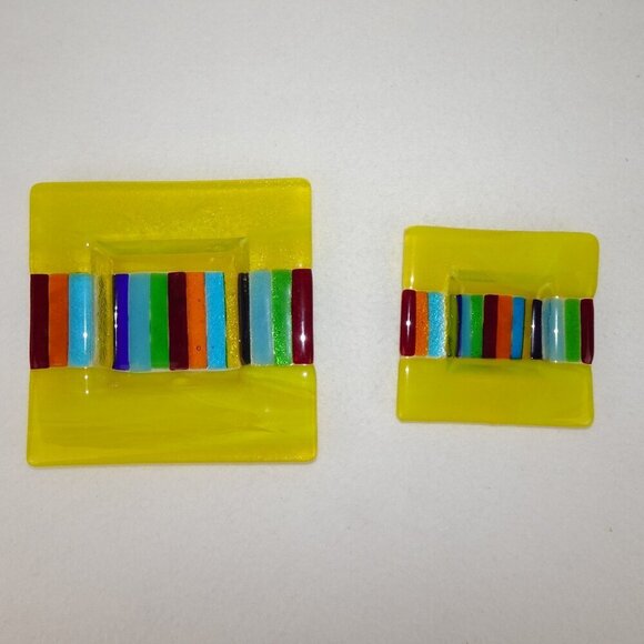 Fused Glass Square Ashtray Trinket Dish Candy Yellow Rainbow Striped SET of 2 - Picture 1 of 6